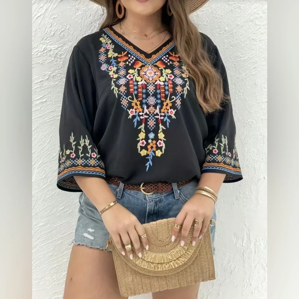 New Plus Size Embroidered Boho Top, Black with Colorful Accents - Picture 2 of 4